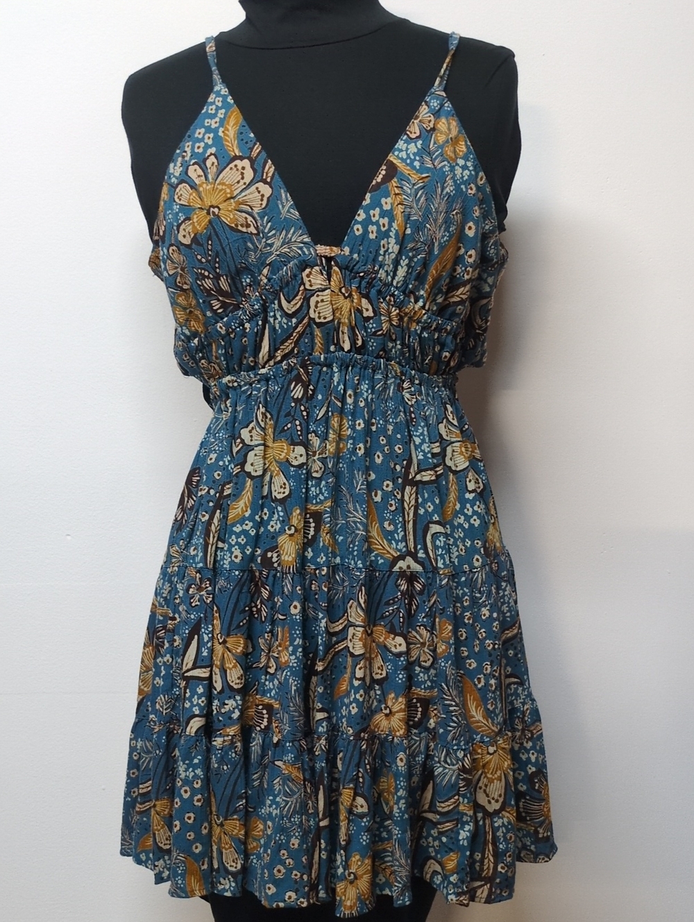 Angie Boho Floral Tie Back Cutout Tiered Mini Dress Teal Yellow, Size L